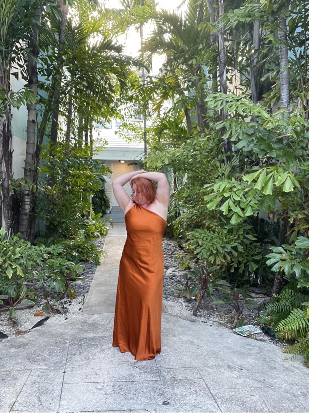 Obando One Shoulder Maxi Gown Dress in Burnt Orange crepe sz 8